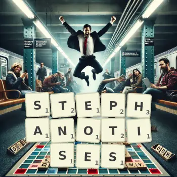 Creative illustration for a Scrabble game with the word STEPHANOTISES spelled out in tiles on the board.