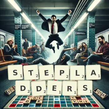 Creative illustration for a Scrabble game with the word STEPLADDERS spelled out in tiles on the board.