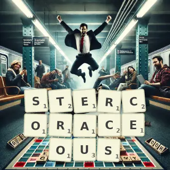 Creative illustration for a Scrabble game with the word STERCORACEOUS spelled out in tiles on the board.