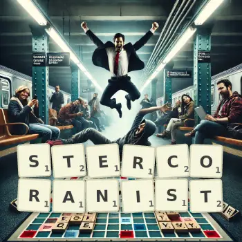 Creative illustration for a Scrabble game with the word STERCORANIST spelled out in tiles on the board.