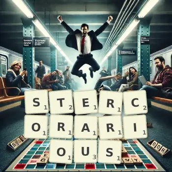 Creative illustration for a Scrabble game with the word STERCORARIOUS spelled out in tiles on the board.