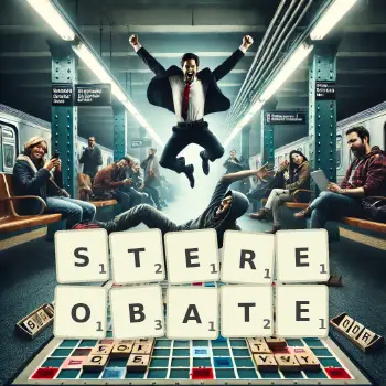 Creative illustration for a Scrabble game with the word STEREOBATE spelled out in tiles on the board.