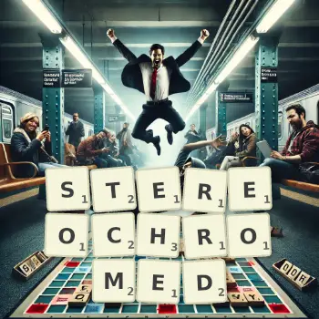 Creative illustration for a Scrabble game with the word STEREOCHROMED spelled out in tiles on the board.