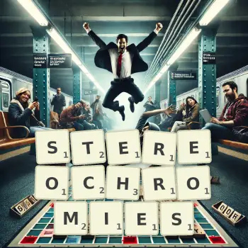 Creative illustration for a Scrabble game with the word STEREOCHROMIES spelled out in tiles on the board.