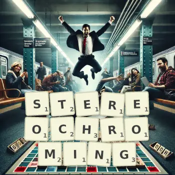 Creative illustration for a Scrabble game with the word STEREOCHROMING spelled out in tiles on the board.