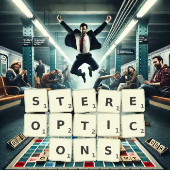 Creative illustration for a Scrabble game with the word STEREOPTICONS spelled out in tiles on the board.