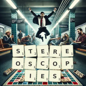 Creative illustration for a Scrabble game with the word STEREOSCOPIES spelled out in tiles on the board.
