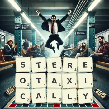 Creative illustration for a Scrabble game with the word STEREOTAXICALLY spelled out in tiles on the board.