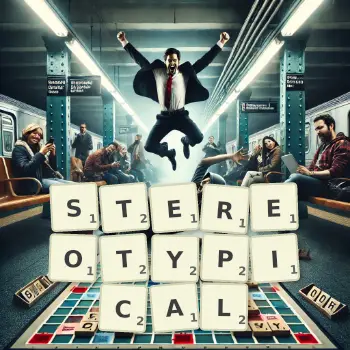 Creative illustration for a Scrabble game with the word STEREOTYPICAL spelled out in tiles on the board.