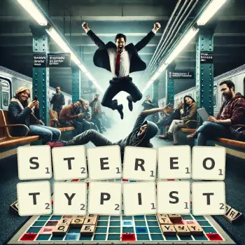 Creative illustration for a Scrabble game with the word STEREOTYPIST spelled out in tiles on the board.