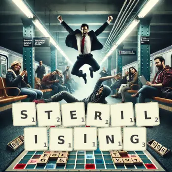 Creative illustration for a Scrabble game with the word STERILISING spelled out in tiles on the board.