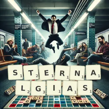 Creative illustration for a Scrabble game with the word STERNALGIAS spelled out in tiles on the board.