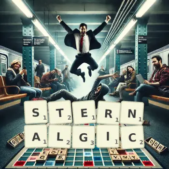 Creative illustration for a Scrabble game with the word STERNALGIC spelled out in tiles on the board.