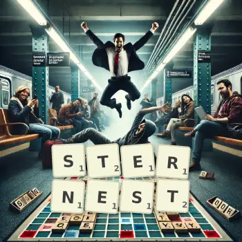 Creative illustration for a Scrabble game with the word STERNEST spelled out in tiles on the board.