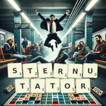Creative illustration for a Scrabble game with the word STERNUTATOR spelled out in tiles on the board.