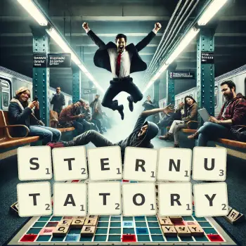 Creative illustration for a Scrabble game with the word STERNUTATORY spelled out in tiles on the board.