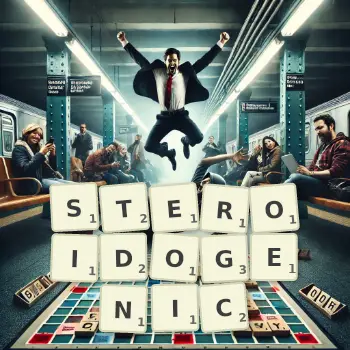 Creative illustration for a Scrabble game with the word STEROIDOGENIC spelled out in tiles on the board.