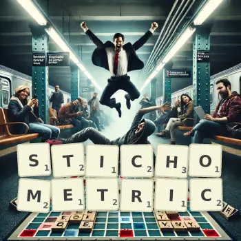 Creative illustration for a Scrabble game with the word STICHOMETRIC spelled out in tiles on the board.