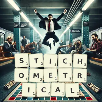 Creative illustration for a Scrabble game with the word STICHOMETRICAL spelled out in tiles on the board.