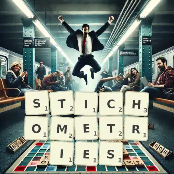 Creative illustration for a Scrabble game with the word STICHOMETRIES spelled out in tiles on the board.