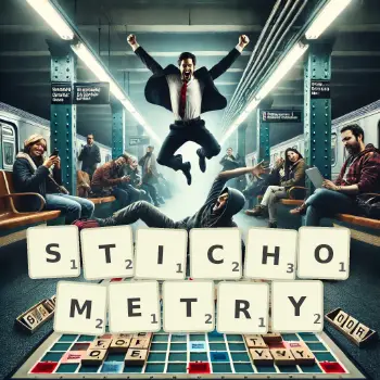 Creative illustration for a Scrabble game with the word STICHOMETRY spelled out in tiles on the board.