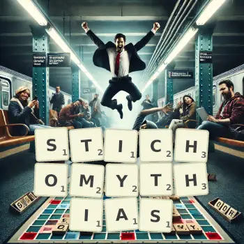Creative illustration for a Scrabble game with the word STICHOMYTHIAS spelled out in tiles on the board.