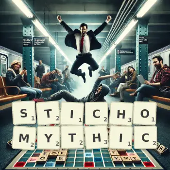 Creative illustration for a Scrabble game with the word STICHOMYTHIC spelled out in tiles on the board.
