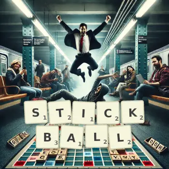 Creative illustration for a Scrabble game with the word STICKBALL spelled out in tiles on the board.