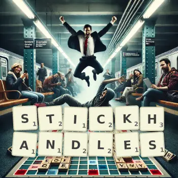 Creative illustration for a Scrabble game with the word STICKHANDLES spelled out in tiles on the board.