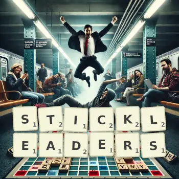 Creative illustration for a Scrabble game with the word STICKLEADERS spelled out in tiles on the board.