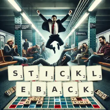 Creative illustration for a Scrabble game with the word STICKLEBACK spelled out in tiles on the board.