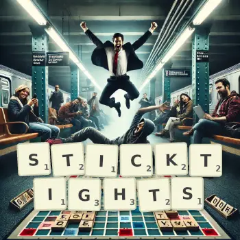 Creative illustration for a Scrabble game with the word STICKTIGHTS spelled out in tiles on the board.
