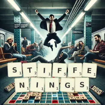 Creative illustration for a Scrabble game with the word STIFFENINGS spelled out in tiles on the board.