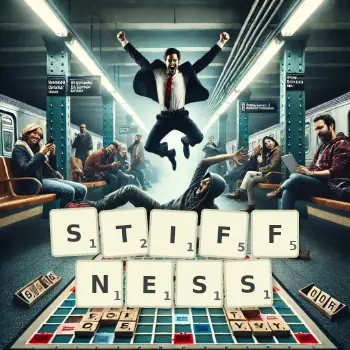 Creative illustration for a Scrabble game with the word STIFFNESS spelled out in tiles on the board.
