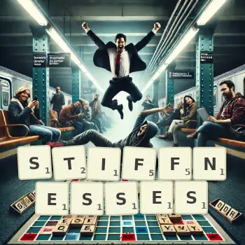 Creative illustration for a Scrabble game with the word STIFFNESSES spelled out in tiles on the board.