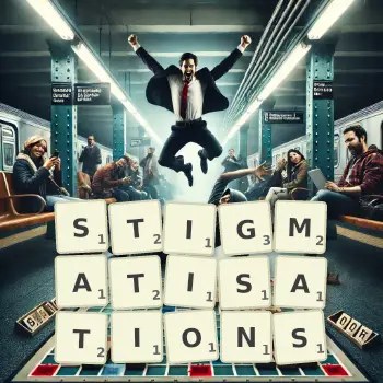 Creative illustration for a Scrabble game with the word STIGMATISATIONS spelled out in tiles on the board.