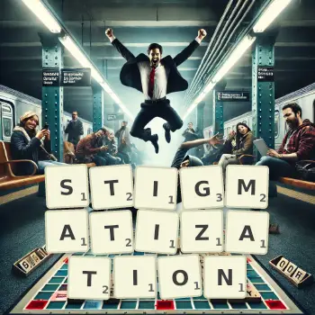 Creative illustration for a Scrabble game with the word STIGMATIZATION spelled out in tiles on the board.