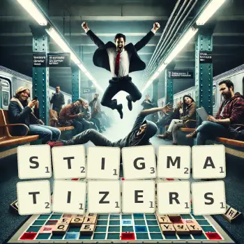 Creative illustration for a Scrabble game with the word STIGMATIZERS spelled out in tiles on the board.