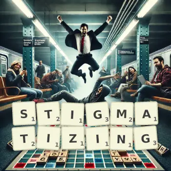 Creative illustration for a Scrabble game with the word STIGMATIZING spelled out in tiles on the board.