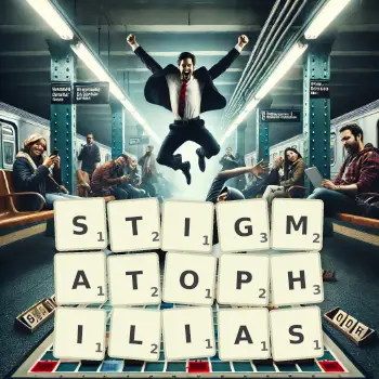 Creative illustration for a Scrabble game with the word STIGMATOPHILIAS spelled out in tiles on the board.
