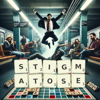 Creative illustration for a Scrabble game with the word STIGMATOSE spelled out in tiles on the board.