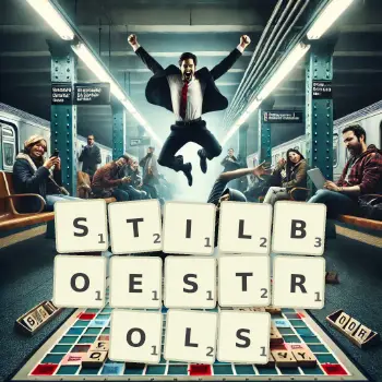 Creative illustration for a Scrabble game with the word STILBOESTROLS spelled out in tiles on the board.