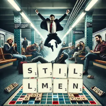 Creative illustration for a Scrabble game with the word STILLMEN spelled out in tiles on the board.