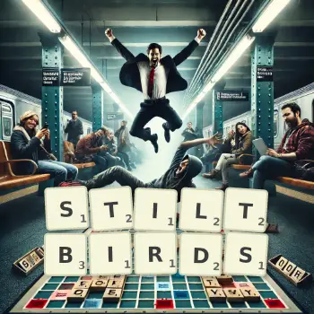 Creative illustration for a Scrabble game with the word STILTBIRDS spelled out in tiles on the board.