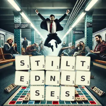 Creative illustration for a Scrabble game with the word STILTEDNESSES spelled out in tiles on the board.
