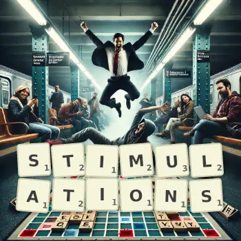 Creative illustration for a Scrabble game with the word STIMULATIONS spelled out in tiles on the board.