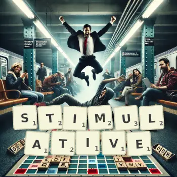 Creative illustration for a Scrabble game with the word STIMULATIVE spelled out in tiles on the board.