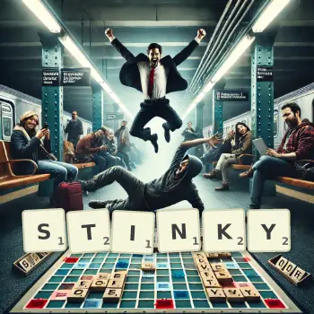 Creative illustration for a Scrabble game with the word STINKY spelled out in tiles on the board.