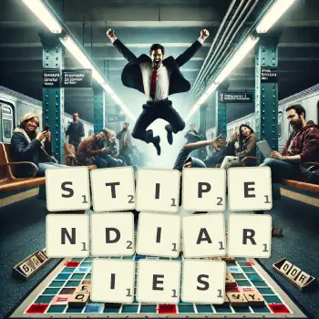 Creative illustration for a Scrabble game with the word STIPENDIARIES spelled out in tiles on the board.