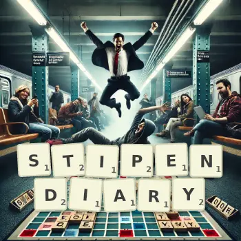 Creative illustration for a Scrabble game with the word STIPENDIARY spelled out in tiles on the board.